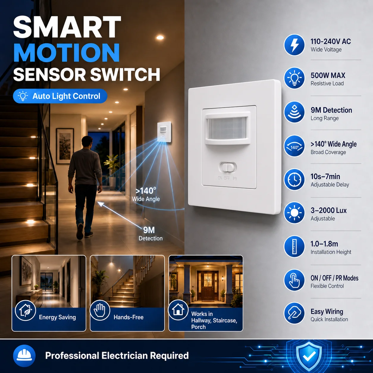 Smart Square Wall Motion Sensor Switch Panel 110V-220V European Standard Adjustable Sensitivity Pir Sensor
Smart Square Wall Motion Sensor Switch Panel 110V-220V European Standard Adjustable Sensitivity Pir Sensor