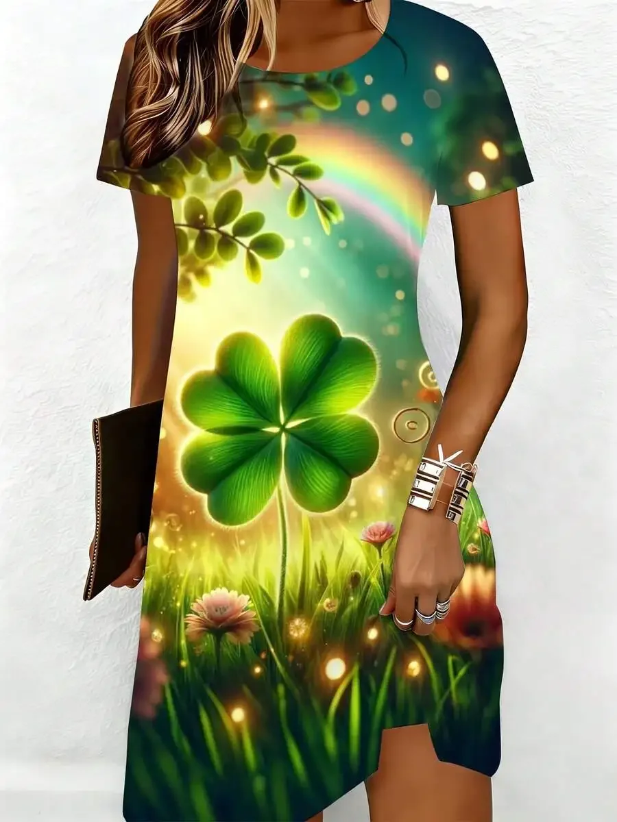 Short Sleeve Dress With Green Rainbow Clover And Flowers Print For Casual Outdoor Wear
Short Sleeve Dress With Green Rainbow Clover And Flowers Print For Casual Outdoor Wear