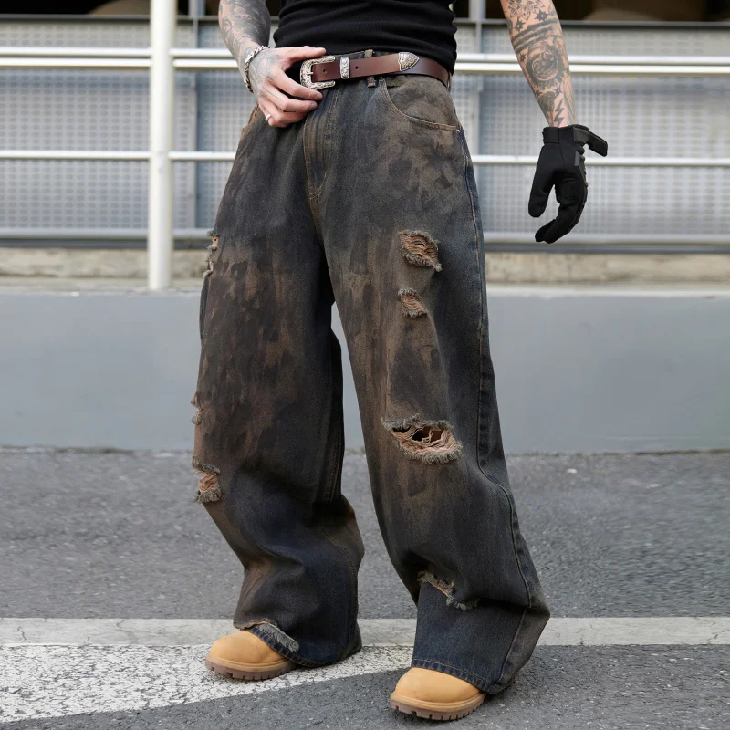 New high street tide brand hole broken loose straight men's trend black washed wide-legged dragging jeans for men
New high street tide brand hole broken loose straight men's trend black washed wide-legged dragging jeans for men