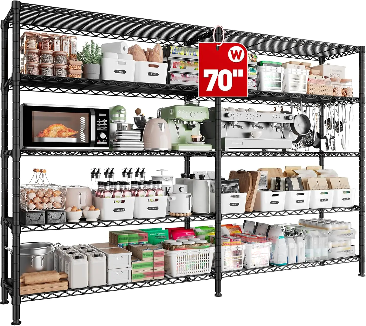 70" Wide 1600LBS Heavy Duty Garage Shelving, 5-Tier Adjustable Wire Shelves, L-Shaped Assembly Option, 15.8"D x 72.4"H
70" Wide 1600LBS Heavy Duty Garage Shelving, 5-Tier Adjustable Wire Shelves, L-Shaped Assembly Option, 15.8"D x 72.4"H