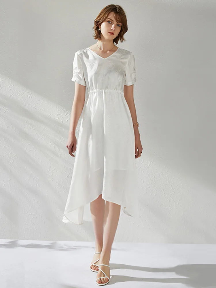 Silk V-neck Waist-cinching Midi Dress Elegant Ladylike Commute Style Short Sleeve Irregular Hem Gored Skirt True Silk Dress
Silk V-neck Waist-cinching Midi Dress Elegant Ladylike Commute Style Short Sleeve Irregular Hem Gored Skirt True Silk Dress