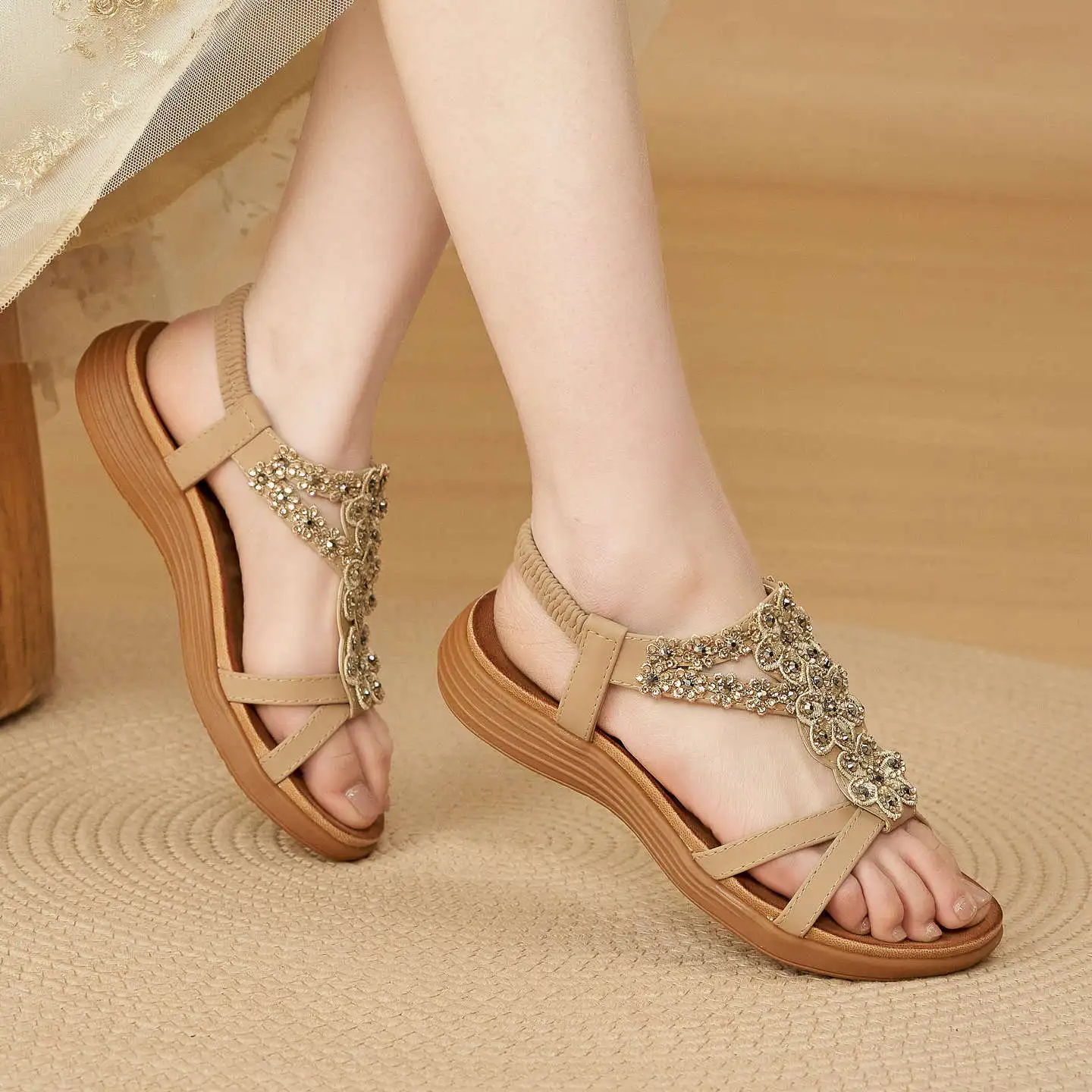 Beige Rhinestone Embellished Flat Sandals For Women With Elastic Back Strap Open Toe Comfortable Casual Summer Outdoor Simpl
Beige Rhinestone Embellished Flat Sandals For Women With Elastic Back Strap Open Toe Comfortable Casual Summer Outdoor Simpl