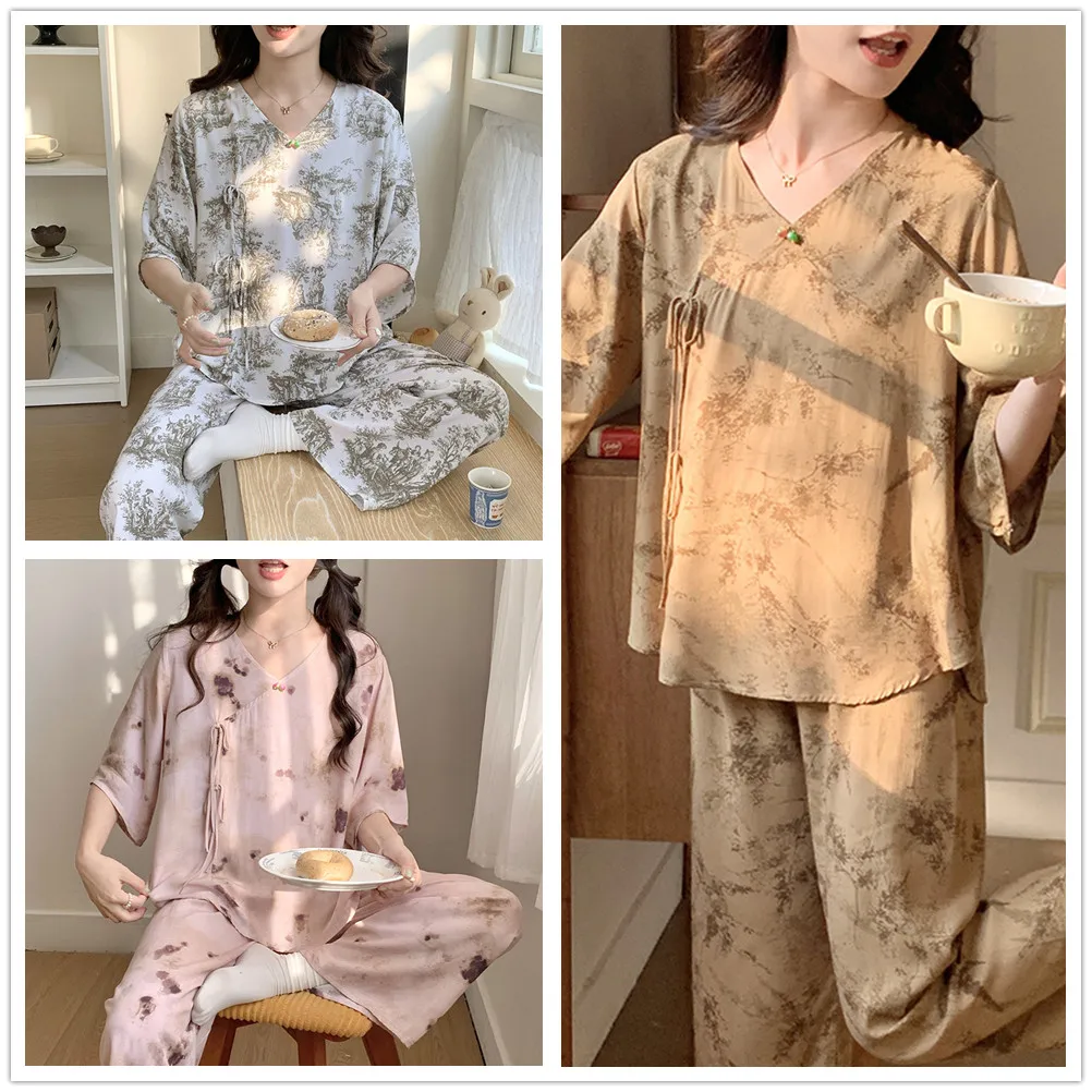 Summer Autumn Women's Pajama Set Viscose V-Collar Half Sleeve Pants Two Piece Cute Home Clothes
Summer Autumn Women's Pajama Set Viscose V-Collar Half Sleeve Pants Two Piece Cute Home Clothes