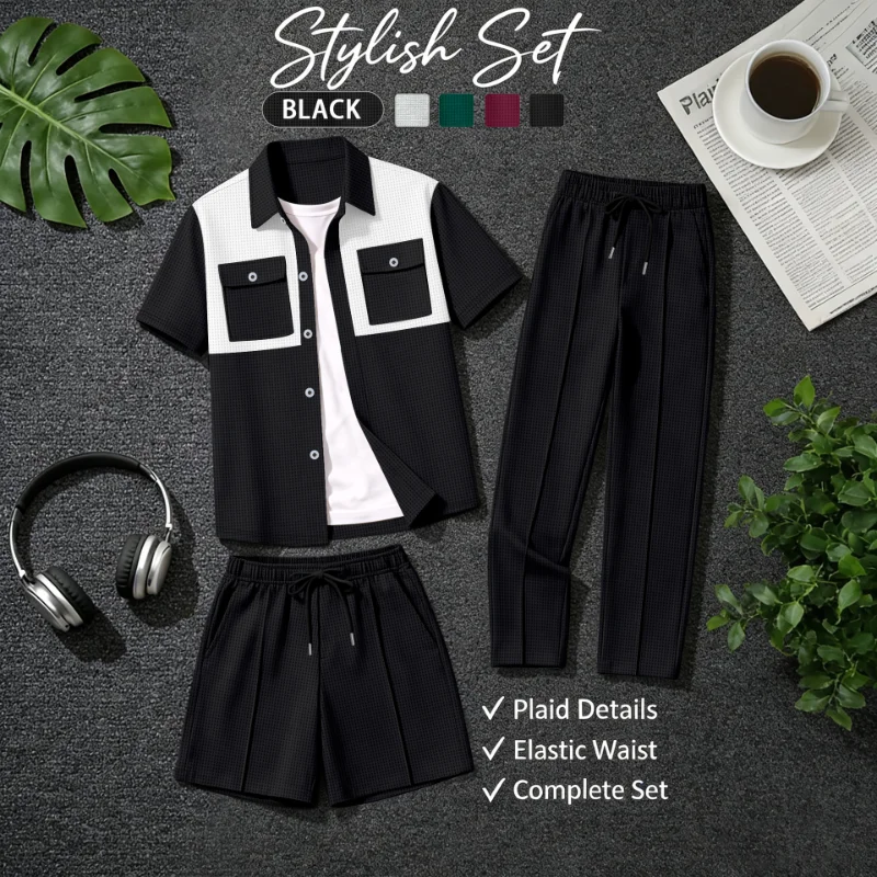 Men Color Block Waffle 3 Piece Set Lapel Short Sleeve Shirt Elastic Waist Shorts Long Pants Casual Outfit
Men Color Block Waffle 3 Piece Set Lapel Short Sleeve Shirt Elastic Waist Shorts Long Pants Casual Outfit