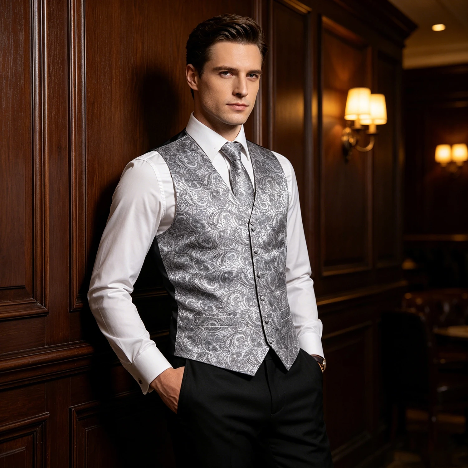 Silver Grey Paisley Jacquard V-Neck Vest Combo Tie Pocket Square Cufflinks For Retro Evening Reception Prom Night
Silver Grey Paisley Jacquard V-Neck Vest Combo Tie Pocket Square Cufflinks For Retro Evening Reception Prom Night