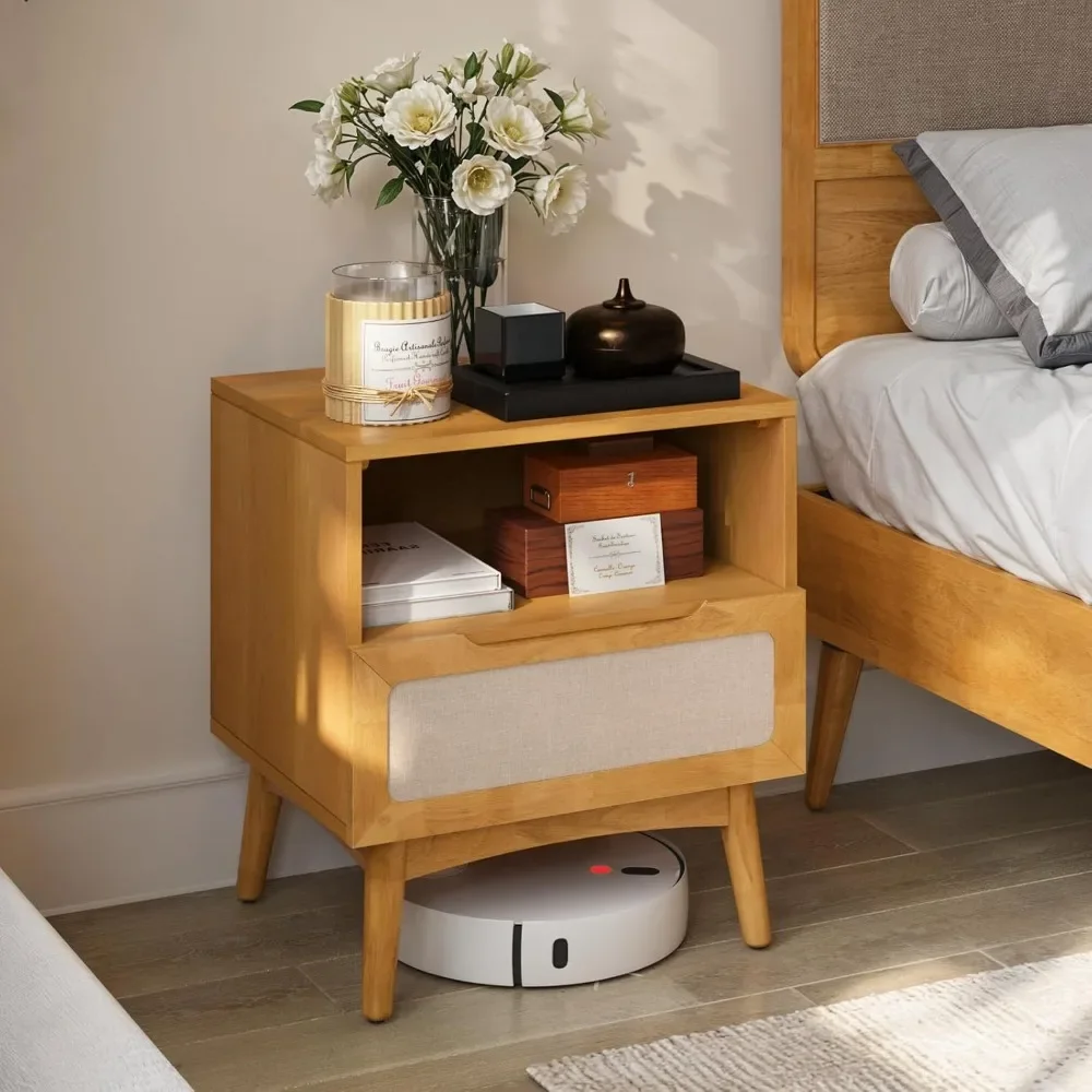 End Tables, Nightstand 1 Drawer Wood Teak Brown Finish Bedside Table Open Shelf Fabric, Mid-Century Modern Style, Easy Assembly
End Tables, Nightstand 1 Drawer Wood Teak Brown Finish Bedside Table Open Shelf Fabric, Mid-Century Modern Style, Easy Assembly