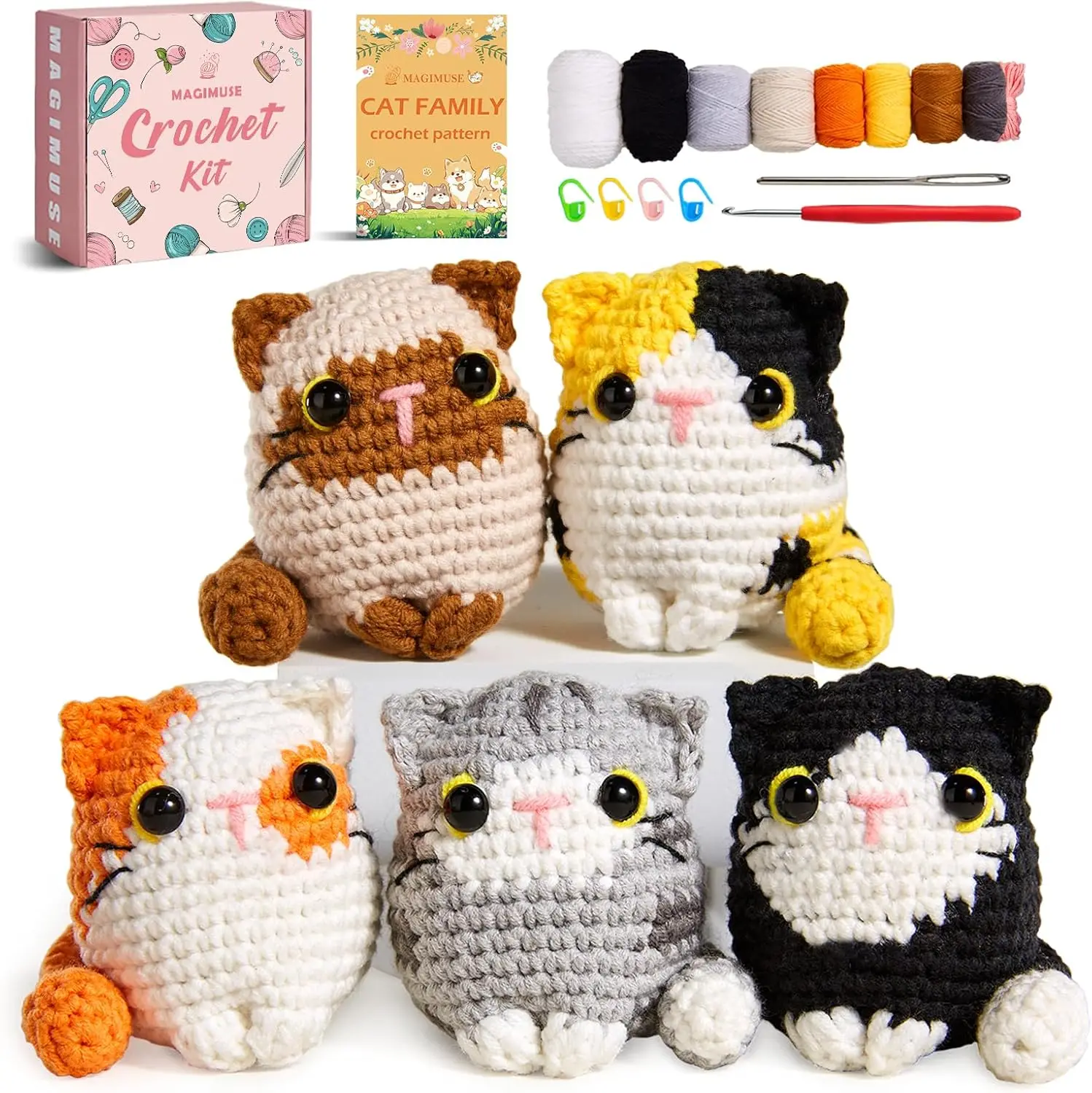 Beginner Crochet Kit with Video Tutorials, DIY Amigurumi Animal Craft Supplies, 5 Pack Cats (Extra Yarn Included)
Beginner Crochet Kit with Video Tutorials, DIY Amigurumi Animal Craft Supplies, 5 Pack Cats (Extra Yarn Included)