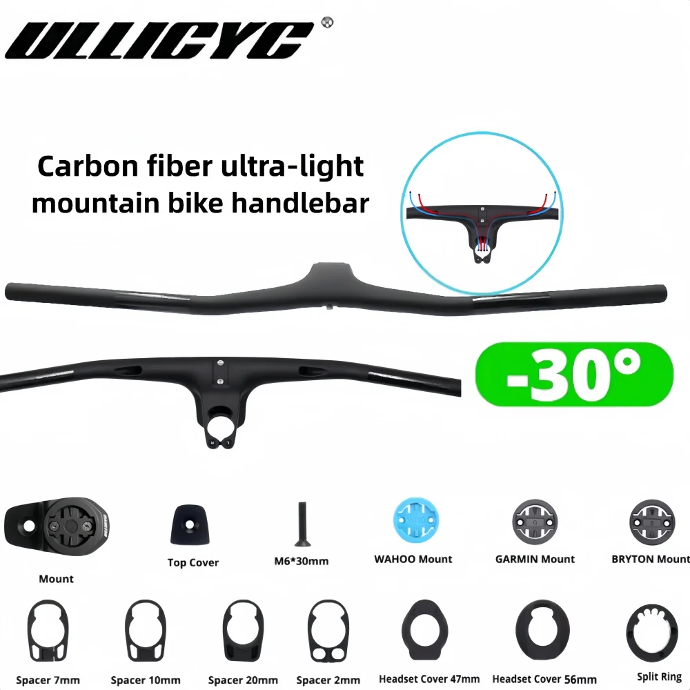 ULLICYC Full Carbon Fibre MTB Handlebar -30° Integrated Cockpit Width 740/760mm with Titanium Screws 70/80/90/100mm Options
ULLICYC Full Carbon Fibre MTB Handlebar -30° Integrated Cockpit Width 740/760mm with Titanium Screws 70/80/90/100mm Options
