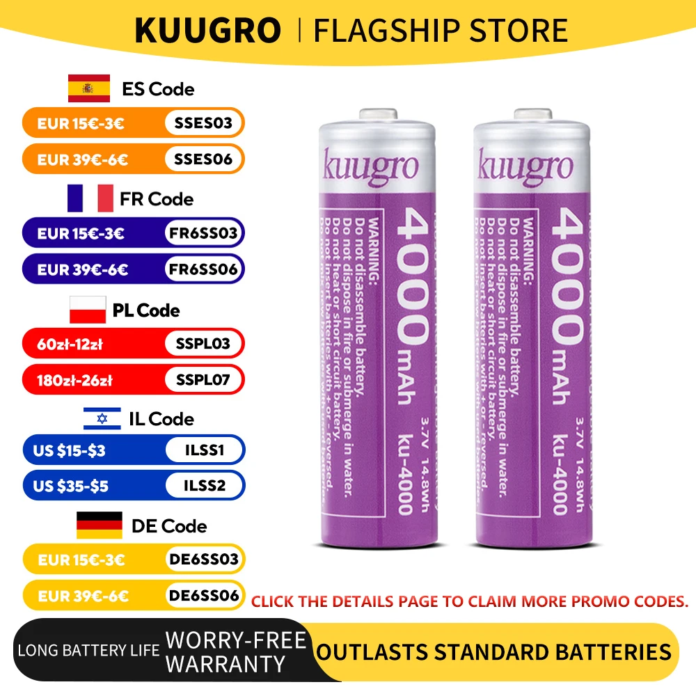 kuugro ku-4000 Pointed Battery 18650 4000mAh 3.7V Highest Capacity Rechargeable Lithium Batteries 12A Discharge for Flashlight
kuugro ku-4000 Pointed Battery 18650 4000mAh 3.7V Highest Capacity Rechargeable Lithium Batteries 12A Discharge for Flashlight