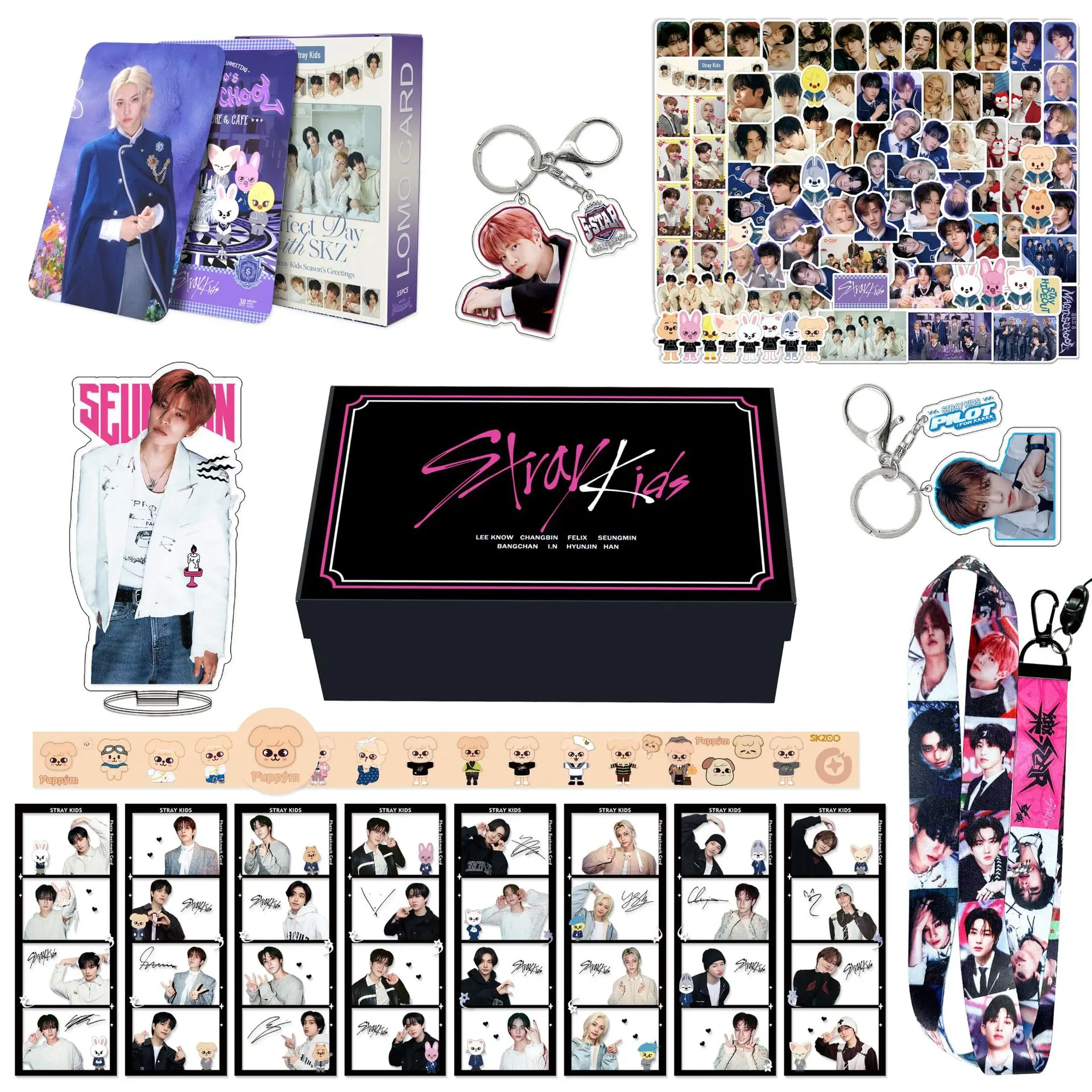 SKZOO StrayKids Merch Box FELIX Lee Minho Hyunjin Kpop Collection Set Keychains Photocards Stickers Gifts for Fans Personal
SKZOO StrayKids Merch Box FELIX Lee Minho Hyunjin Kpop Collection Set Keychains Photocards Stickers Gifts for Fans Personal