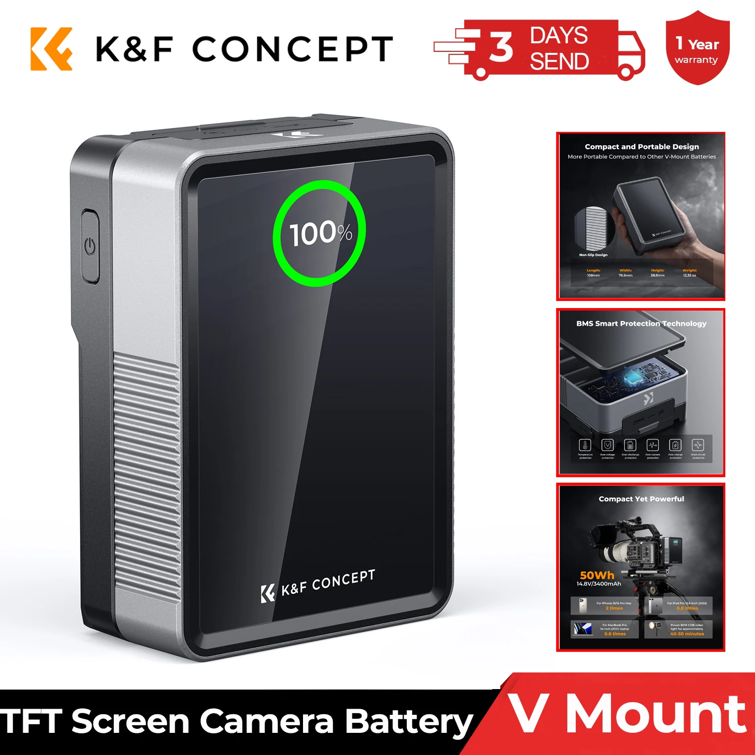 K&F Concept V Mount Battery 50Wh 3400mAh Mini V-Mount Battery with 65W Output and TFT Screen 2H Full Charge DC D-Tap USB-C USB-A
K&F Concept V Mount Battery 50Wh 3400mAh Mini V-Mount Battery with 65W Output and TFT Screen 2H Full Charge DC D-Tap USB-C USB-A