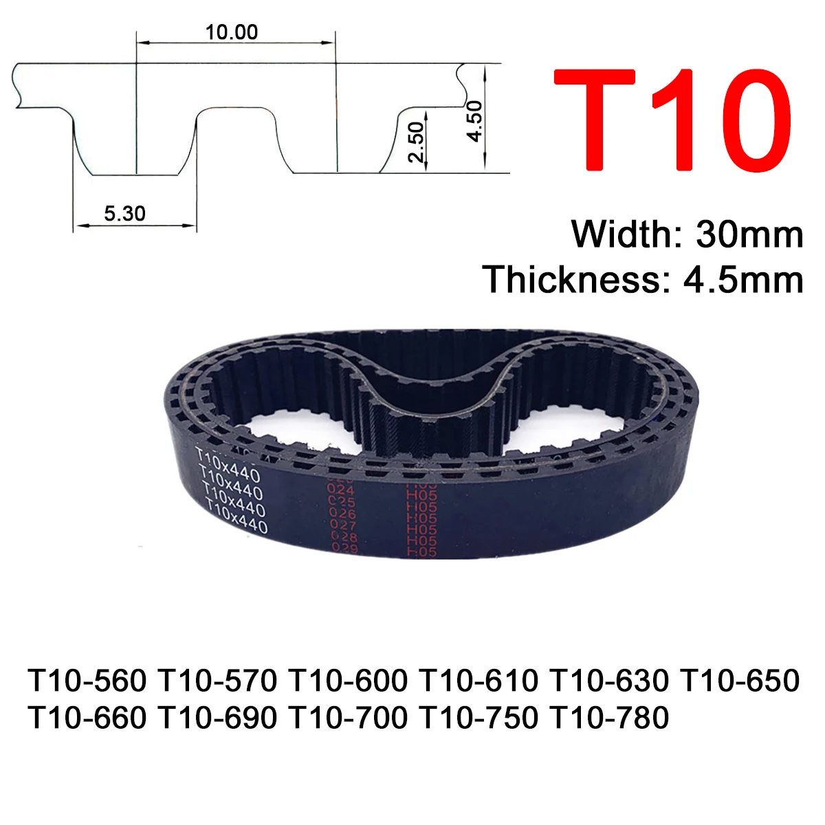 1Pc Width 30mm T10 Rubber Arc Tooth Timing Belt Pitch Length 560 570 600 610 630 650 660 690 700 750 780mm Synchronous Belts
1Pc Width 30mm T10 Rubber Arc Tooth Timing Belt Pitch Length 560 570 600 610 630 650 660 690 700 750 780mm Synchronous Belts