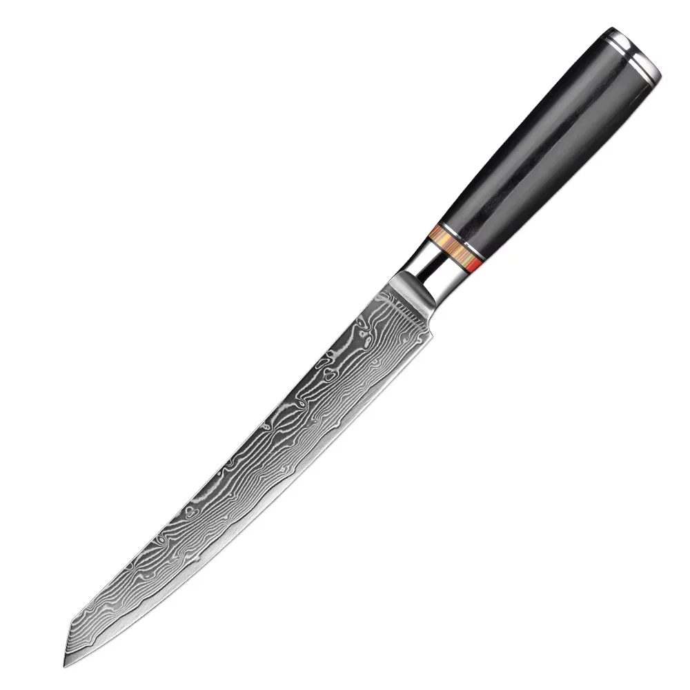 8 Inch Slicing Knife Damascus Kitchen Knife Cleaver Japanese VG10 Steel Sharp Meat Carving Knife with Ergonomic Wood Handle
8 Inch Slicing Knife Damascus Kitchen Knife Cleaver Japanese VG10 Steel Sharp Meat Carving Knife with Ergonomic Wood Handle