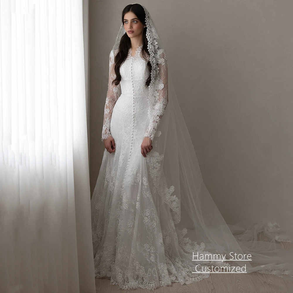 Saudi Wedding Dress Customized Small V Neck Long Sleeves Lace Buttons Sweep Train Mermaid Bridal Gown Vestido De Noiva
Saudi Wedding Dress Customized Small V Neck Long Sleeves Lace Buttons Sweep Train Mermaid Bridal Gown Vestido De Noiva