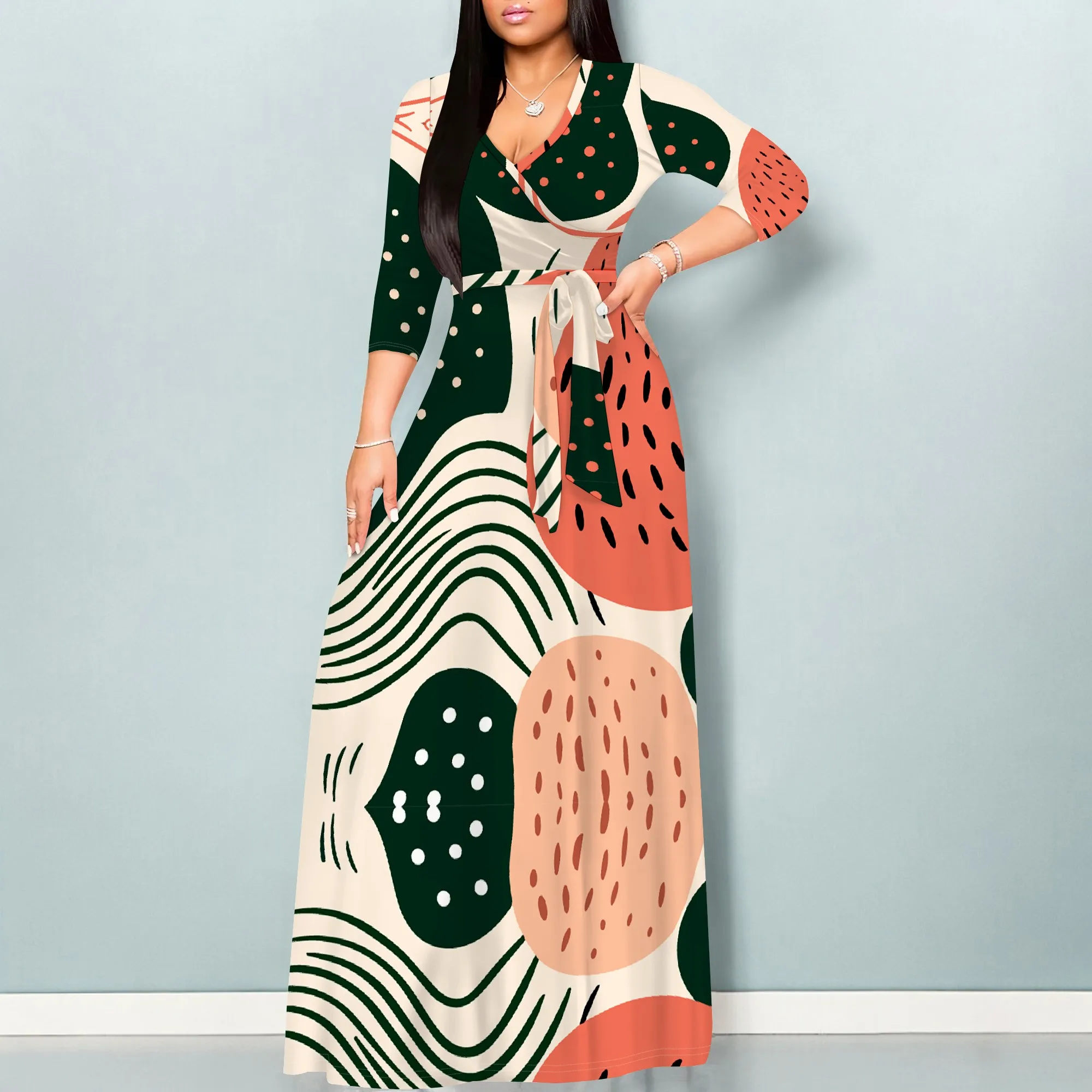 Abstract Organic Print V-Neck 3/4 Sleeve Wrap Maxi Dress with Belt - Women's Modern Artistic Party Evening Resortwear
Abstract Organic Print V-Neck 3/4 Sleeve Wrap Maxi Dress with Belt - Women's Modern Artistic Party Evening Resortwear