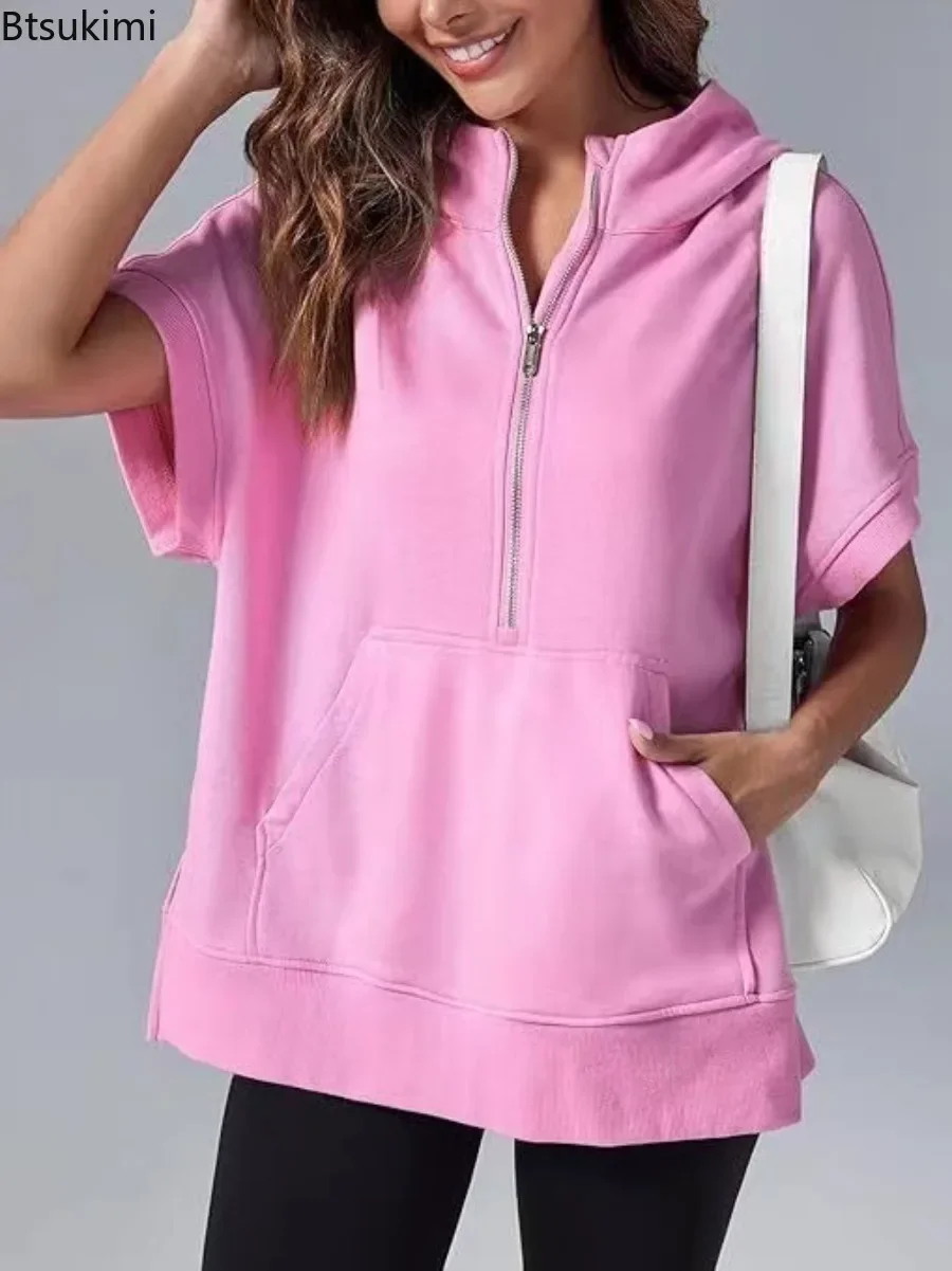 2025 Women's Short Sleeve Sweatshirt High Quality Loose Casual Hooded Pullover Tops Solid Half Zipper Pocket Sport Hoodies Femme
2025 Women's Short Sleeve Sweatshirt High Quality Loose Casual Hooded Pullover Tops Solid Half Zipper Pocket Sport Hoodies Femme