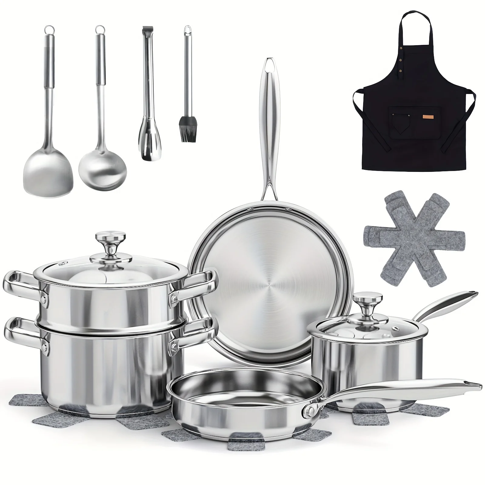 16pcs Cookware Collection, Including Pots And Pans Suitable for Induction Cooking, Complete with a Steamer, Glass Lids, Utensils, Heat-Resistant Mats, And an Apron, Compatible with All Types of Stoves
16pcs Cookware Collection, Including Pots And Pans Suitable for Induction Cooking, Complete with a Steamer, Glass Lids, Utensils, Heat-Resistant Mats, And an Apron, Compatible with All Types of Stoves