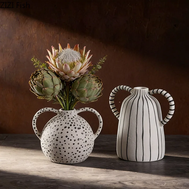 Striped Double Eared Ceramic Vase Desktop Flower Arrangement Ornament Floral Vases Small Mouth Decorative Vase Hydroponic Vases
Striped Double Eared Ceramic Vase Desktop Flower Arrangement Ornament Floral Vases Small Mouth Decorative Vase Hydroponic Vases