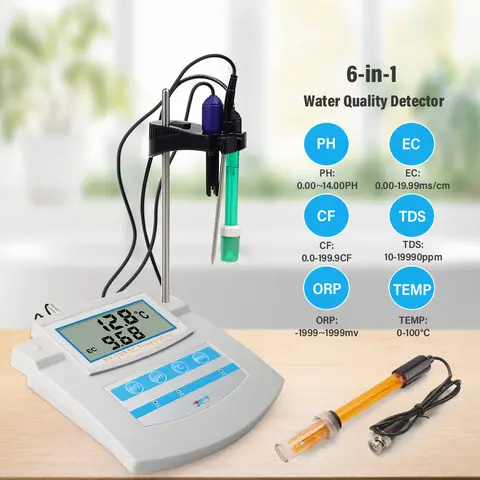 Yieryi PH Meter Water Quality Tester ORP EC TDS CF Temperature Benchtop Tester for Aquariums Pools Drinking Water Laboratory