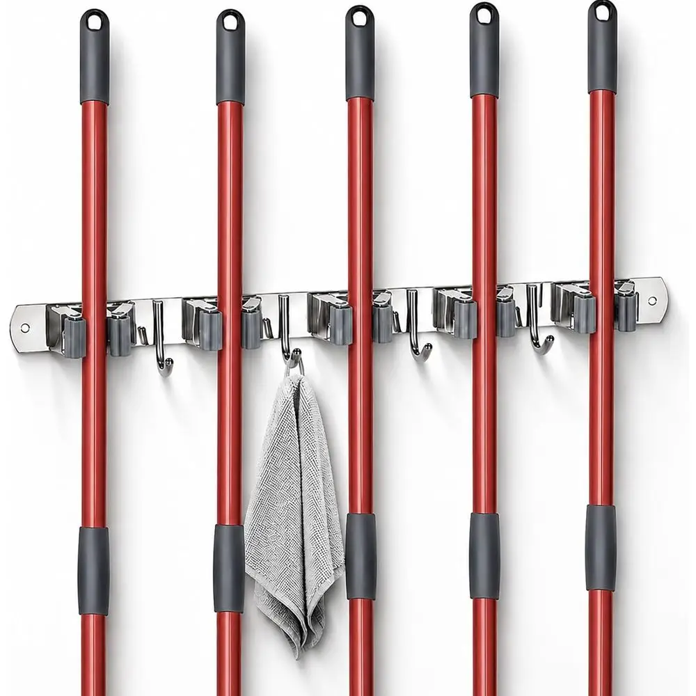 Heavy-Duty Wall-Mounted Mop and Broom Holder with 5 Racks and 4 Hooks for Storage in Kitchen, Garden, Laundry, and Garage
Heavy-Duty Wall-Mounted Mop and Broom Holder with 5 Racks and 4 Hooks for Storage in Kitchen, Garden, Laundry, and Garage
