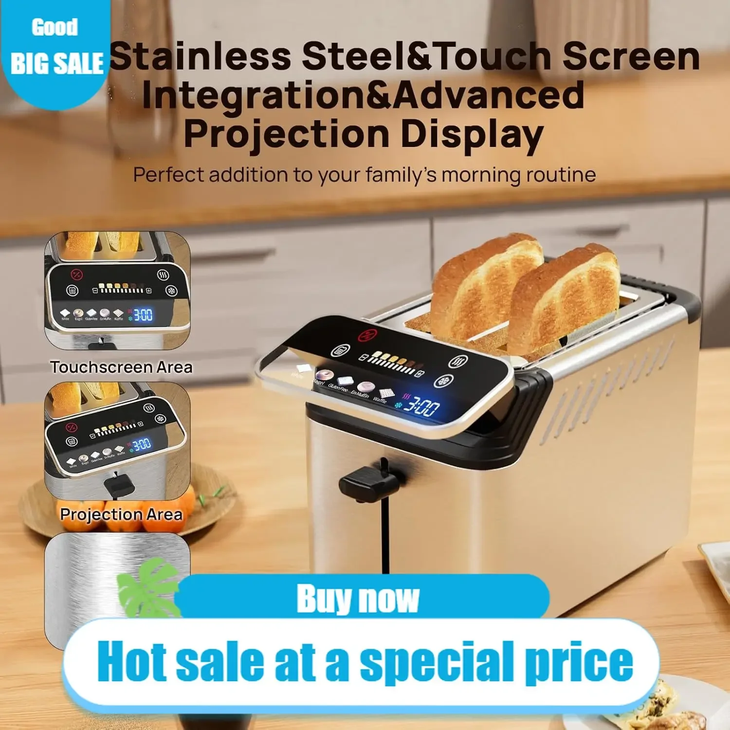 Тостер на 2 ломтика, тостеры с сенсорным экраном и проекционным дисплеем, широкий слот 1,5 дюйма, 5 типа хлеба и 11 настройков тента, цифровой таймер
Тостер на 2 ломтика, тостеры с сенсорным экраном и проекционным дисплеем, широкий слот 1,5 дюйма, 5 типа хлеба и 11 настройков тента, цифровой таймер