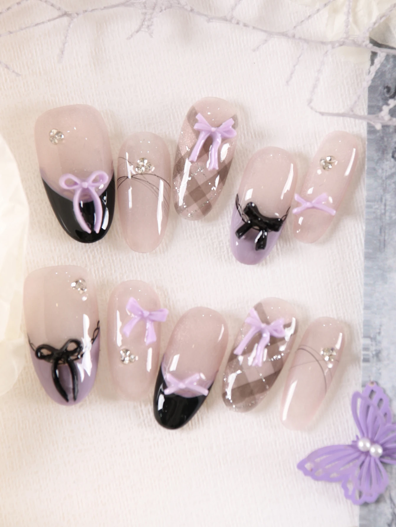10Pcs Press on Nails French Style Sweet Cool Purple Black Bow Cat's Eye Fake Nails Includes 1 Sheet Adhesive Tabs & 1 Pc Mini File
10Pcs Press on Nails French Style Sweet Cool Purple Black Bow Cat's Eye Fake Nails Includes 1 Sheet Adhesive Tabs & 1 Pc Mini File