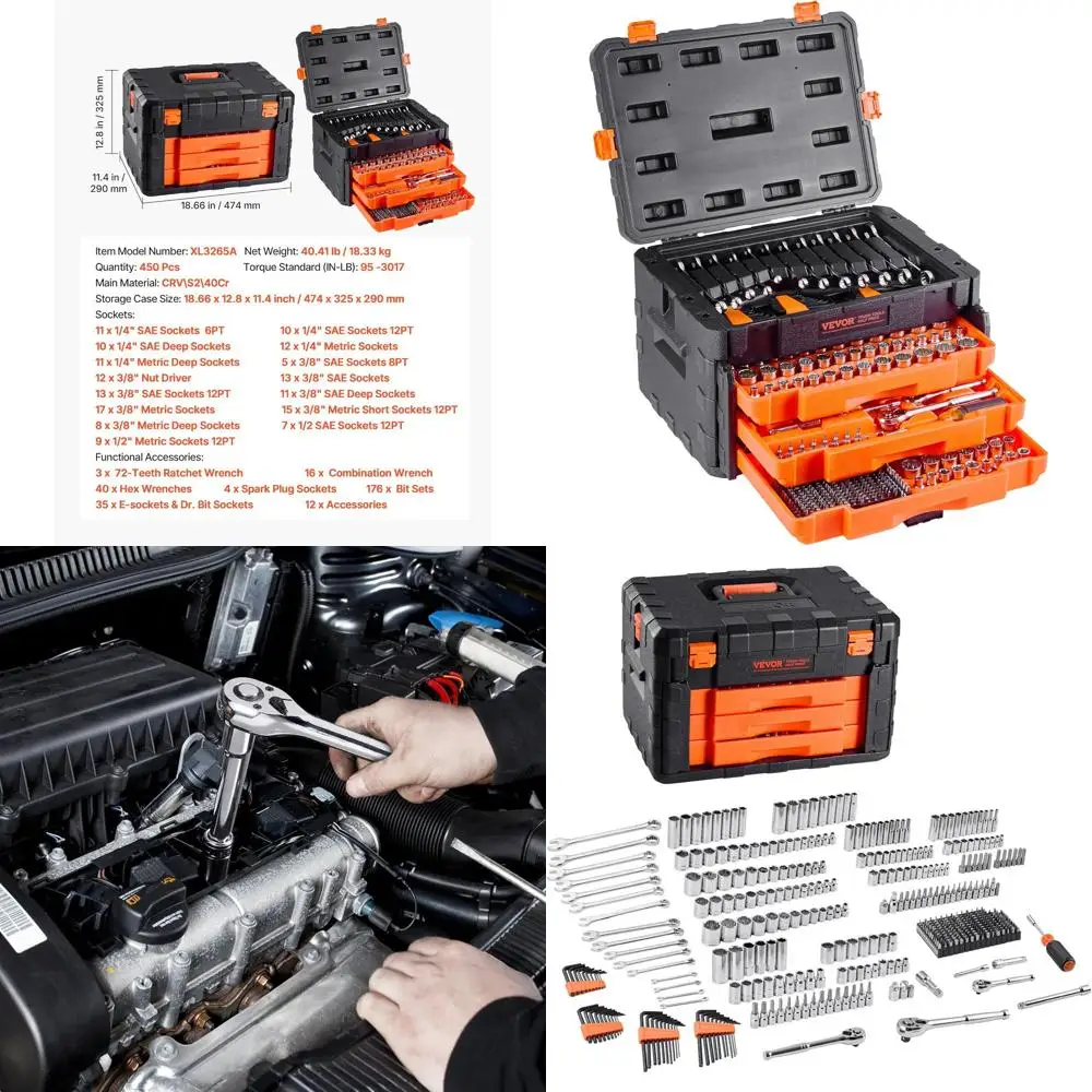 Mechanics Tool Set and Socket Set, 450 Pcs, 1/4, 3/8 and 1/2 inch Drive Deep and Standard Sockets, SAE Metric Mechanic Tool Kit
Mechanics Tool Set and Socket Set, 450 Pcs, 1/4, 3/8 and 1/2 inch Drive Deep and Standard Sockets, SAE Metric Mechanic Tool Kit