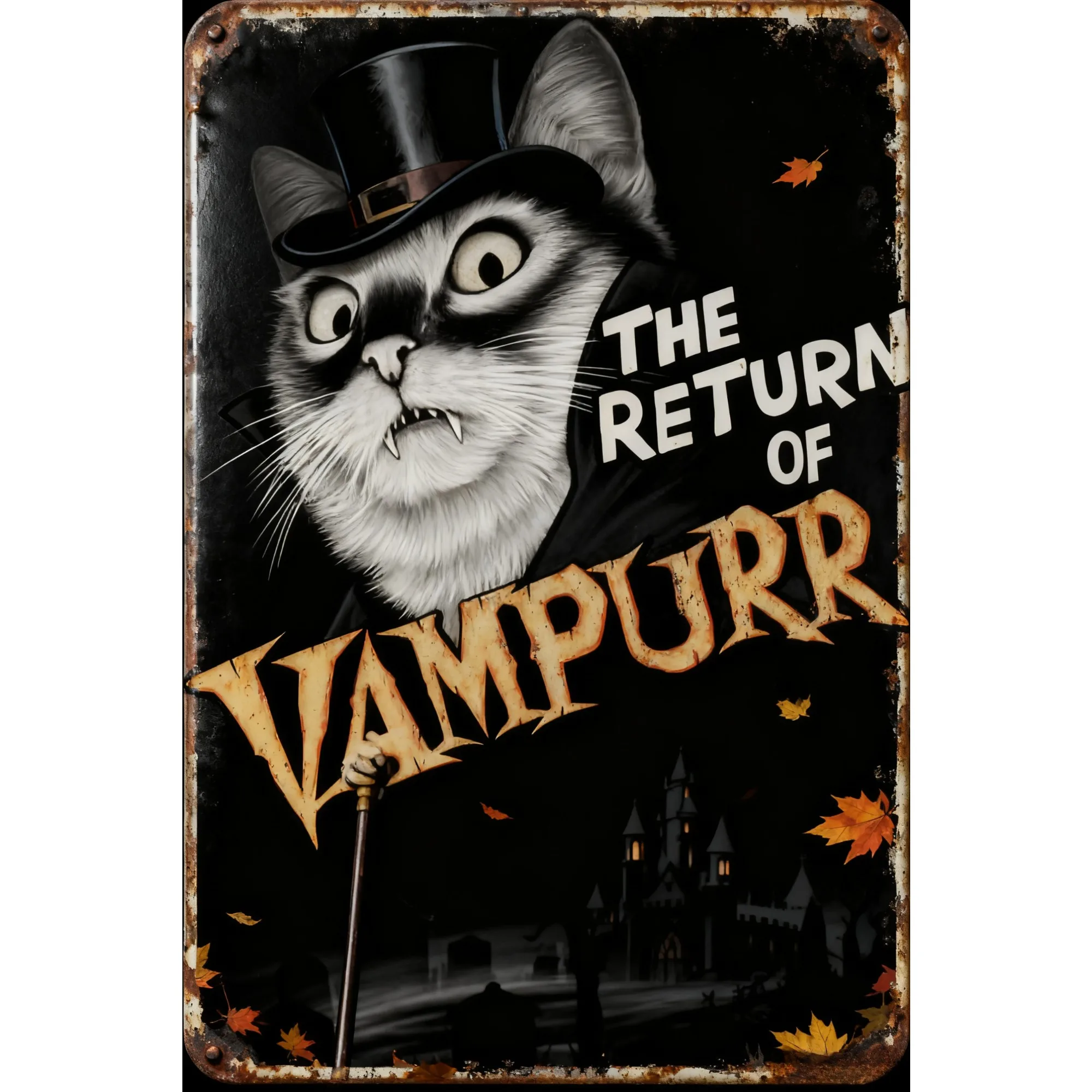 Vintage 'The Return of Vampurr' Cat Metal Sign: Halloween Horror Movie Style Wall Art for Cat Lovers & Home Deco T1914
Vintage 'The Return of Vampurr' Cat Metal Sign: Halloween Horror Movie Style Wall Art for Cat Lovers & Home Deco T1914