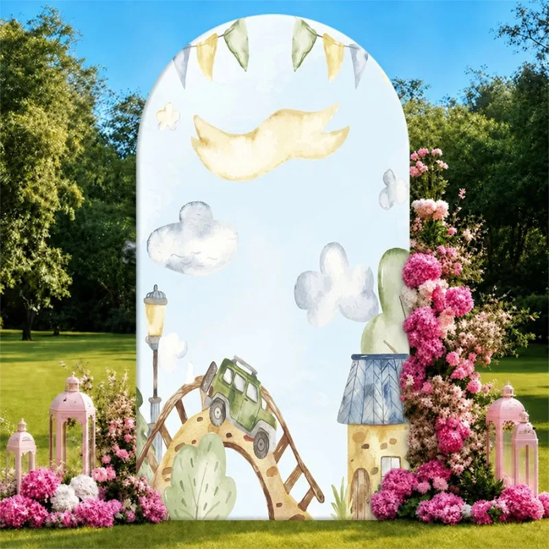 Single Side Arch Backdrop Cover Whimsical Garden Adventure Background for Party Decor featuring a playful green car on wooden
Single Side Arch Backdrop Cover Whimsical Garden Adventure Background for Party Decor featuring a playful green car on wooden
