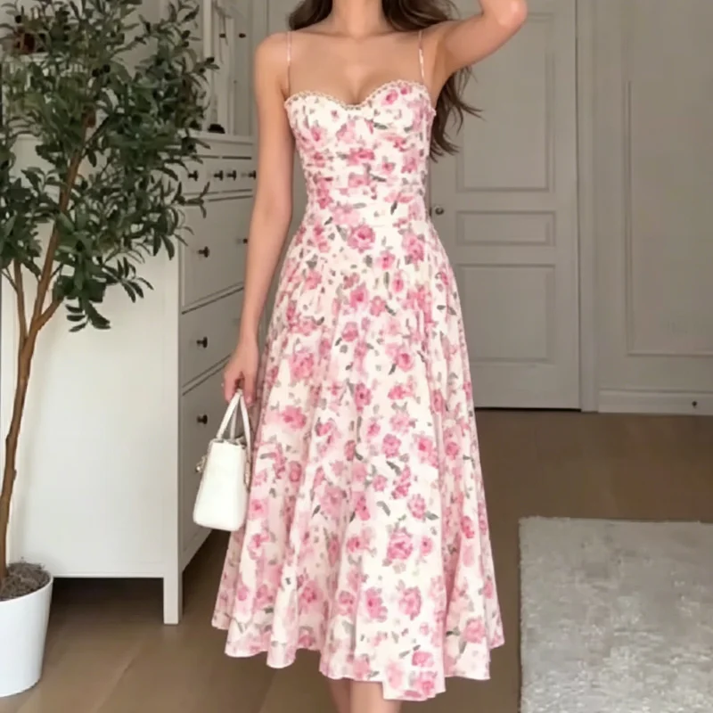 Elegant Maxi Dress For Women Thin Spaghetti Strap Sweetheart Neck Lace Trim Floral Print Long Skirt Lady's Party Dating Frock
Elegant Maxi Dress For Women Thin Spaghetti Strap Sweetheart Neck Lace Trim Floral Print Long Skirt Lady's Party Dating Frock