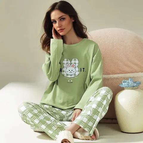 Pijamas de algodón de alta calidad de talla grande para mujer, jersey de otoño e invierno, ropa de casa escolar de dibujos animados de manga larga, verde, 2 unidades por juego