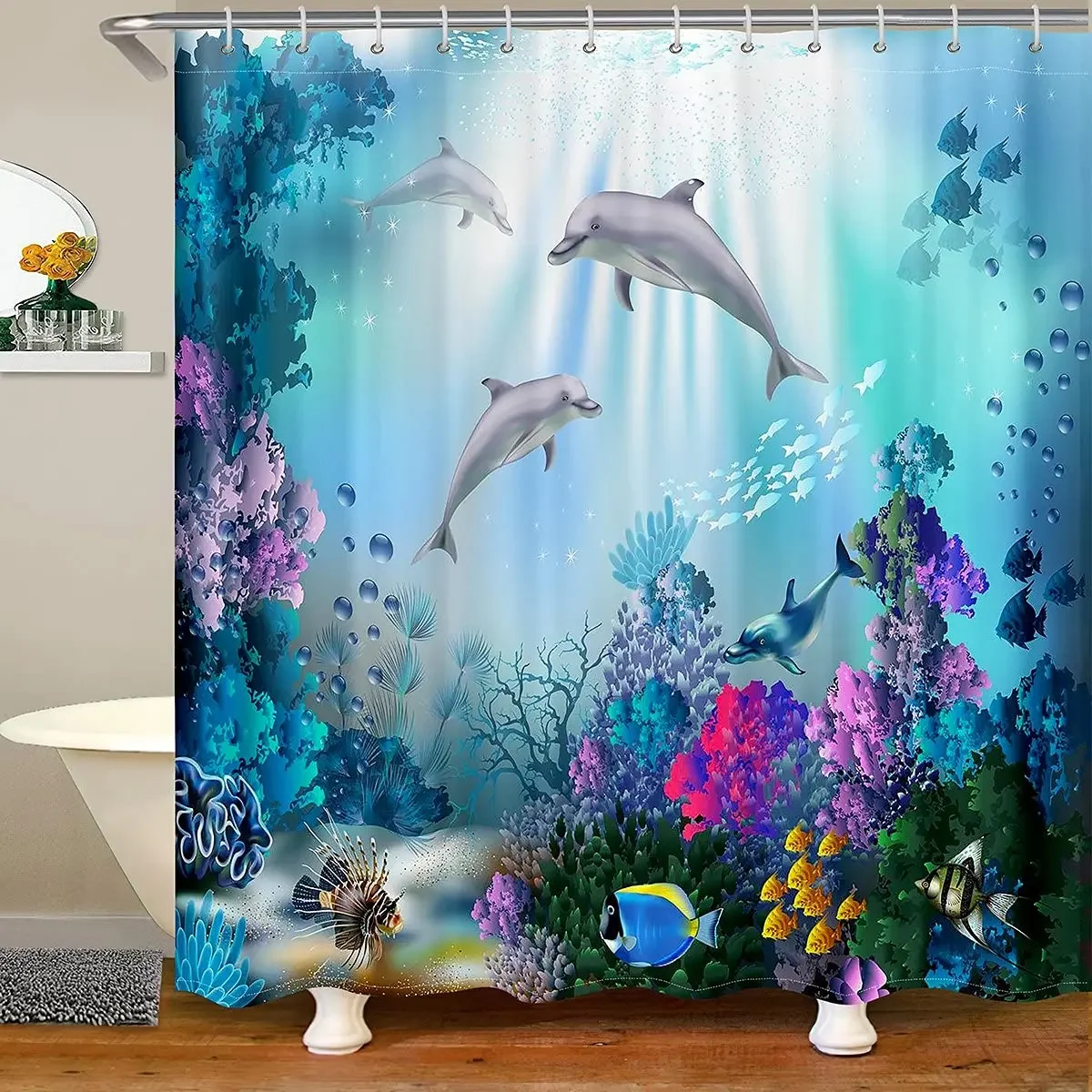 Занавеска для душа с дельфином, красочная занавеска для ванны с коралловой рыбой, подводный мир, морская жизнь, водонепроницаемые шторы для ванной комнаты, ванны
Занавеска для душа с дельфином, красочная занавеска для ванны с коралловой рыбой, подводный мир, морская жизнь, водонепроницаемые шторы для ванной комнаты, ванны