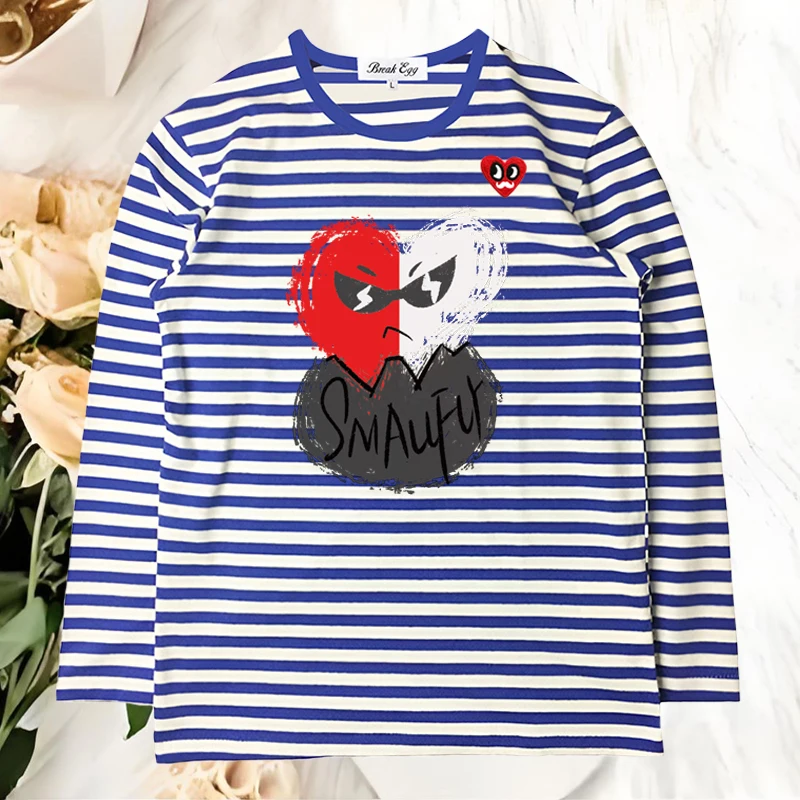 Graffiti Eggshell Two-tone Love Printing Women Striped T-Shirt Red Eyes Beard Heart Embroidery Cotton Long-sleeved Lady T-shirt
Graffiti Eggshell Two-tone Love Printing Women Striped T-Shirt Red Eyes Beard Heart Embroidery Cotton Long-sleeved Lady T-shirt