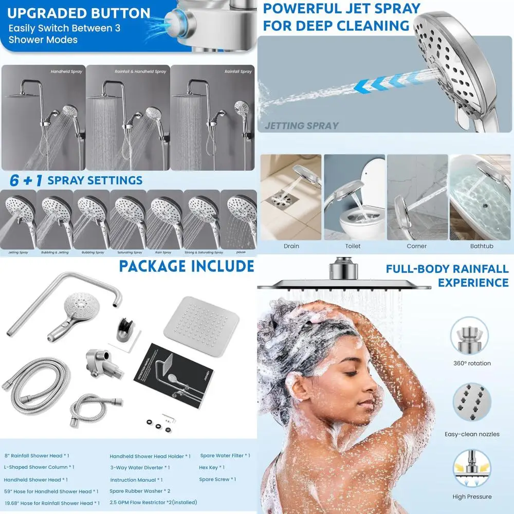 6-Setting High-Pressure Shower Combo: Adjustable Rainfall & Handheld, Chrome Finish, Height Adjustable
6-Setting High-Pressure Shower Combo: Adjustable Rainfall & Handheld, Chrome Finish, Height Adjustable