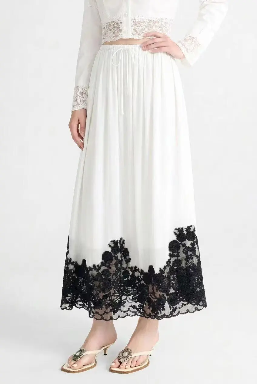 High Quality 100% Silk Satin Female clothing Comfortable Lace-up Elastic Waist Long Skirt Patchwork Lace Embroidery White Skirt
High Quality 100% Silk Satin Female clothing Comfortable Lace-up Elastic Waist Long Skirt Patchwork Lace Embroidery White Skirt