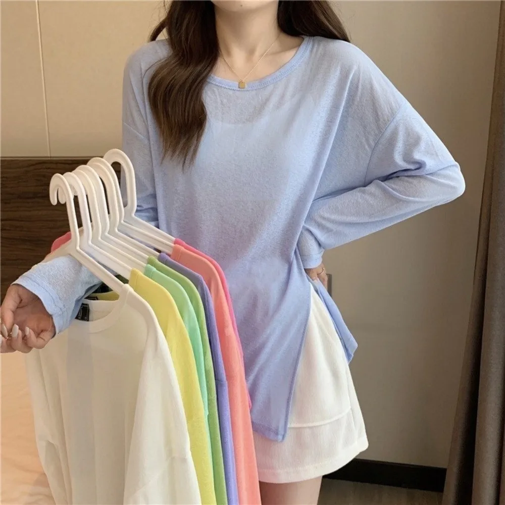 Leisure Thin Sunscreen T-shirt Round Neck Pure Color Long Sleeved Top Loose Oversized Air Conditioning Cover Summer
Leisure Thin Sunscreen T-shirt Round Neck Pure Color Long Sleeved Top Loose Oversized Air Conditioning Cover Summer