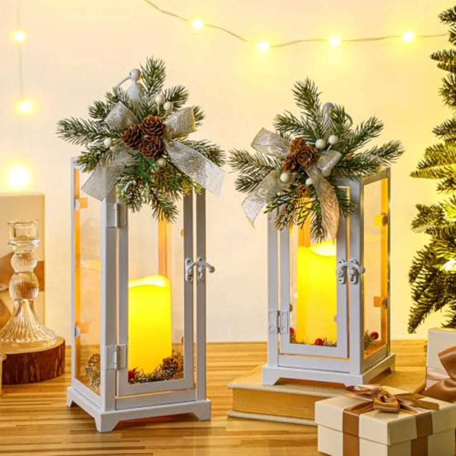 White 2 Pcs Christmas Metal Candle Lantern and LED Fake Candles 12'' and 15'' Decorative Lanterns with Xmas Ornament Porch Lant
White 2 Pcs Christmas Metal Candle Lantern and LED Fake Candles 12'' and 15'' Decorative Lanterns with Xmas Ornament Porch Lant