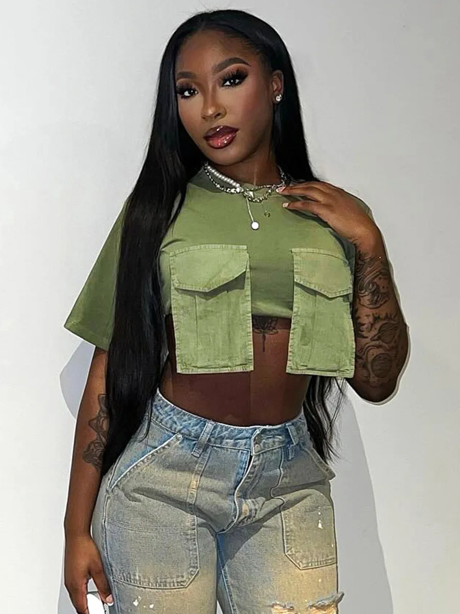 Women's Casual Cargo O-Neck Short Sleeve T-Shirts With Pockets 2024 Summer Fashion Hot Girl Cute Crop Tops Tees Streetwear
Women's Casual Cargo O-Neck Short Sleeve T-Shirts With Pockets 2024 Summer Fashion Hot Girl Cute Crop Tops Tees Streetwear