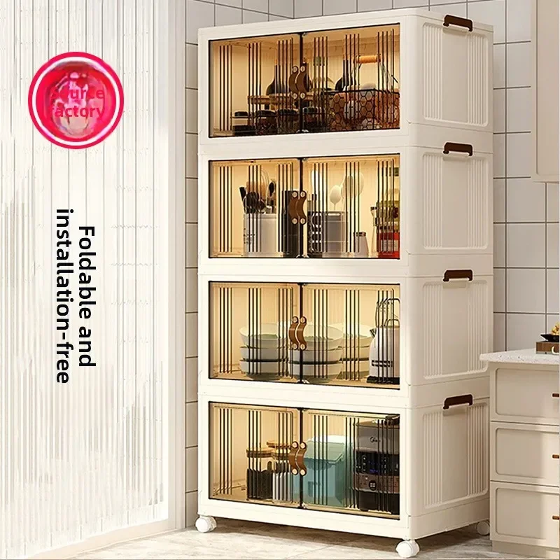 Kitchen Rack Storage Cabinet Installation-free Multi-layer Cabinet with Door Cabinet Multifunctional Dishes, Pots Durable