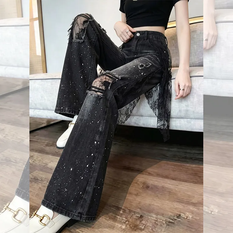 Black Grey Lace Rhinestone Wide Leg Denim Jeans Women's Summer New Loose Slim Straight Floor-Length Pants High Waist
Black Grey Lace Rhinestone Wide Leg Denim Jeans Women's Summer New Loose Slim Straight Floor-Length Pants High Waist