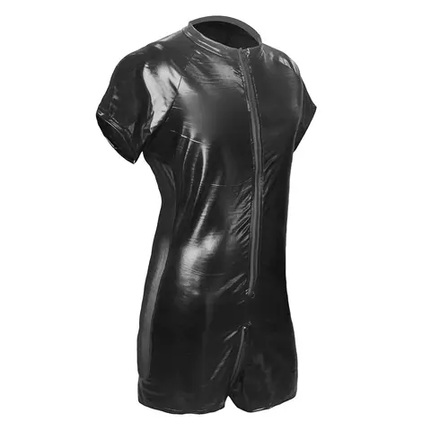 Mens Rompers T-shirt Shorts 1pc Black Mens Wet Look Patent Leather Pouch Zip Short Jumpsuit Bodysuit Clubwear Costume Leotard