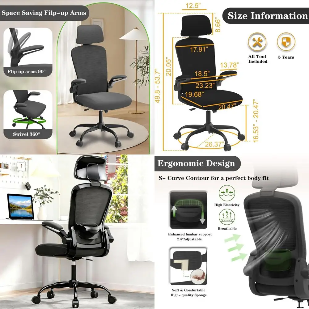 Ergonomic Desk Chair for Extended Use with Lumbar Support, Cushioned Seat, Adjustable Headrest, and Flip-Up Armrests for Comfort
Ergonomic Desk Chair for Extended Use with Lumbar Support, Cushioned Seat, Adjustable Headrest, and Flip-Up Armrests for Comfort