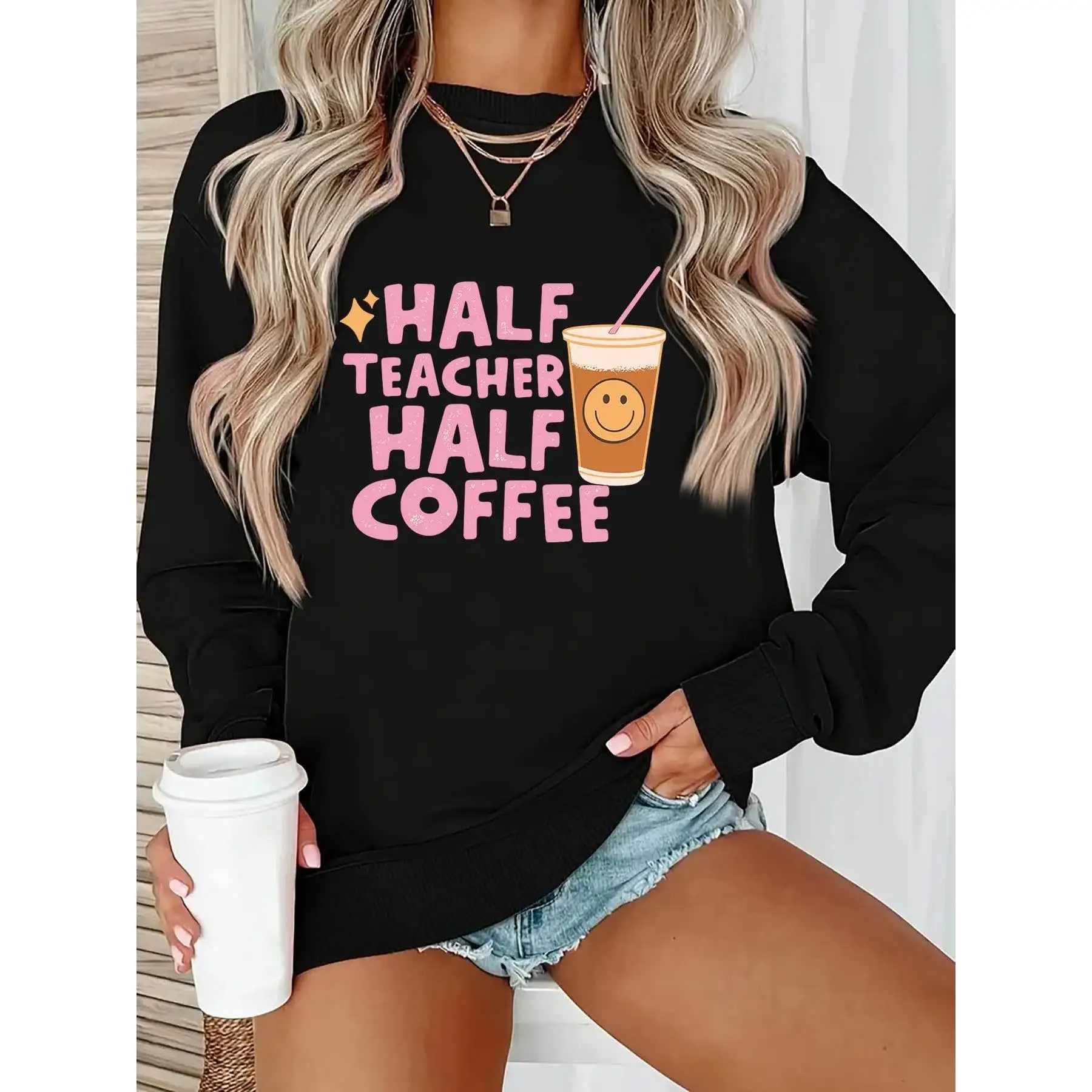 Funny Half Teacher Half Coffee Graphic Sweatshirt, Aesthetic Cozy Crewneck Pullover Top for Women, Back to School Teacher Gifts
Funny Half Teacher Half Coffee Graphic Sweatshirt, Aesthetic Cozy Crewneck Pullover Top for Women, Back to School Teacher Gifts