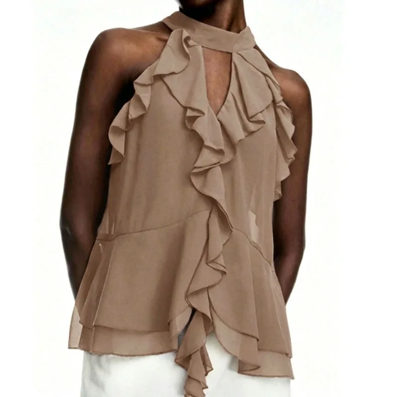 Fashion Sleeveless Hollow Chiffon Women's Shirt Casual Loose Holiday Blo Sexy Hanging Neck Ruffle Edge Solid Color Summer Top
Fashion Sleeveless Hollow Chiffon Women's Shirt Casual Loose Holiday Blo Sexy Hanging Neck Ruffle Edge Solid Color Summer Top