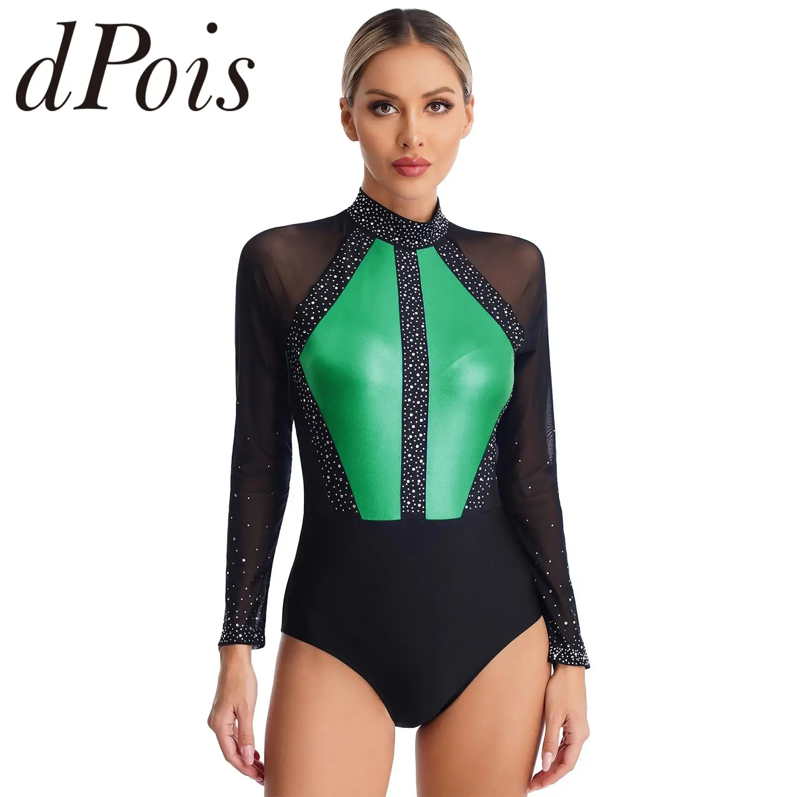 Women's Skating Gymnastics Leotard Sheer Mesh Long Sleeve Rhinestone Bodysuit for Gymnastics Jumpsuit Ballet Dance Practice Wear
Women's Skating Gymnastics Leotard Sheer Mesh Long Sleeve Rhinestone Bodysuit for Gymnastics Jumpsuit Ballet Dance Practice Wear