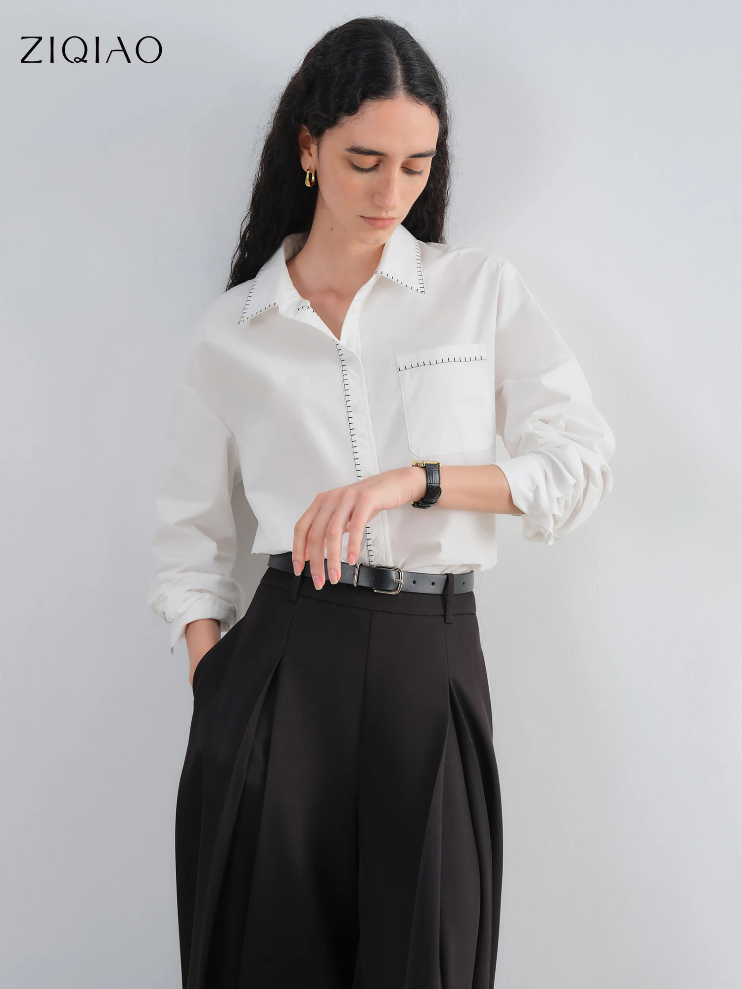 ZIQIAO 2025 Women's White Minimalist Contrast Trim Shirt - Pure Cotton Office Casual Autumn Top with Visible Stitch Design
ZIQIAO 2025 Women's White Minimalist Contrast Trim Shirt - Pure Cotton Office Casual Autumn Top with Visible Stitch Design