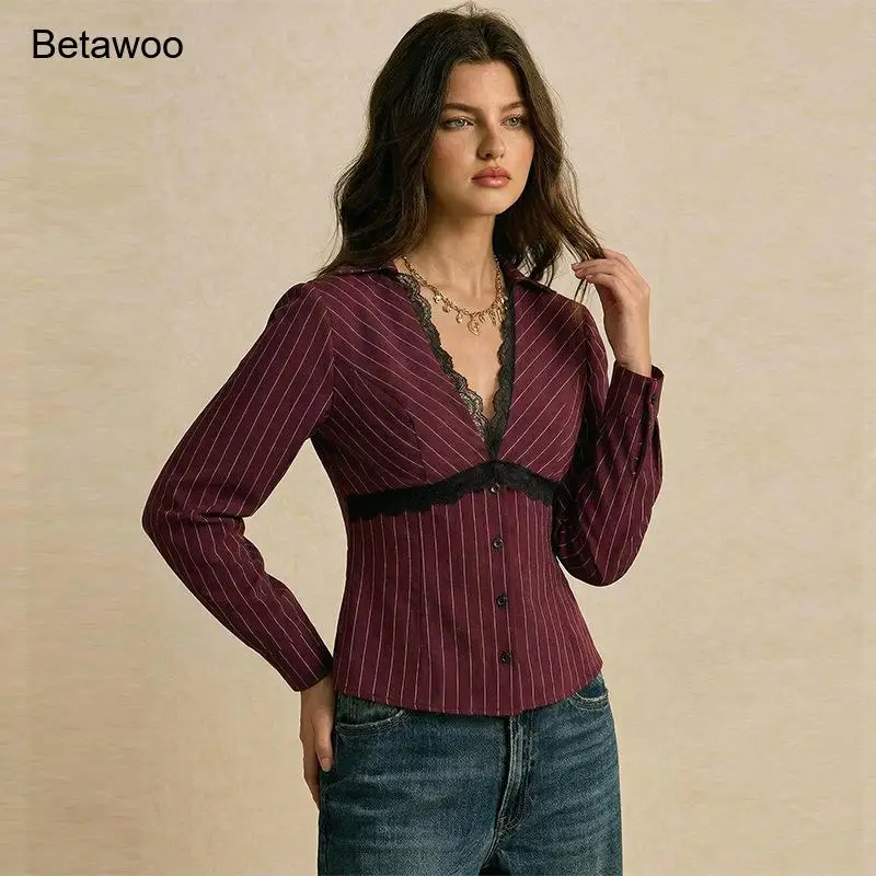 Lace Trim Pinstripe Blouse for Women Burgundy V Neck Long Sleeve Office and Evening Wear
Lace Trim Pinstripe Blouse for Women Burgundy V Neck Long Sleeve Office and Evening Wear