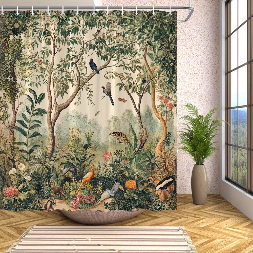 1pc Botanical Jungle Shower Curtain - Tropical Forest Design, Exotic Birds & Animals, Lush Greenery,Red Orange Flowers,Polyester
1pc Botanical Jungle Shower Curtain - Tropical Forest Design, Exotic Birds & Animals, Lush Greenery,Red Orange Flowers,Polyester