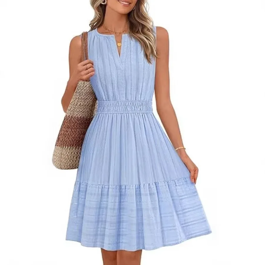 【New Arrival】Light Blue Striped Sleeveless Midi Dress, Split V-Neck with Smocked Waist, Casual & Vacation Wear for Women
【New Arrival】Light Blue Striped Sleeveless Midi Dress, Split V-Neck with Smocked Waist, Casual & Vacation Wear for Women