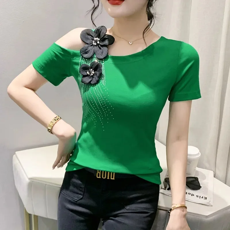 Hot-Drilling Short-Sleeved New Off-The-Shoulder Collarbone Slim T-Shirt Women Online Celebrity Heavy Craft Design Sense Top
Hot-Drilling Short-Sleeved New Off-The-Shoulder Collarbone Slim T-Shirt Women Online Celebrity Heavy Craft Design Sense Top
